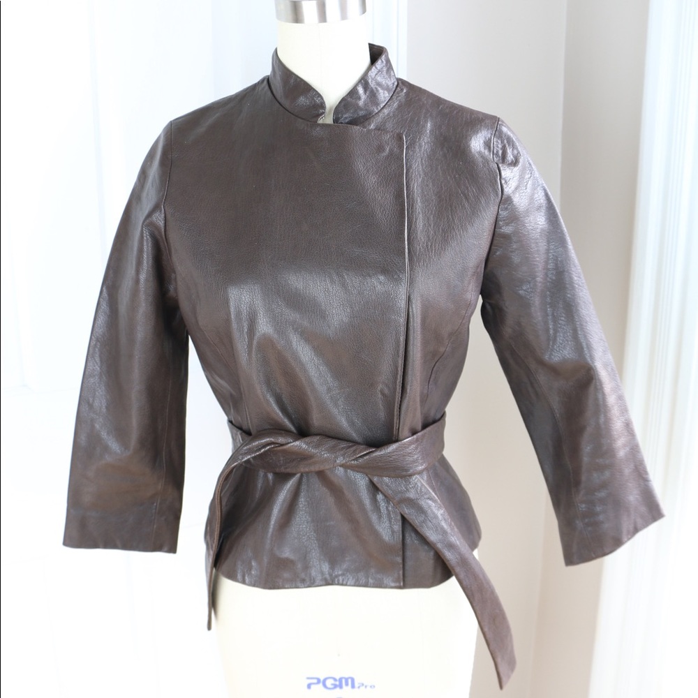 CLUB MONACO Brown Leather Moto Jacket